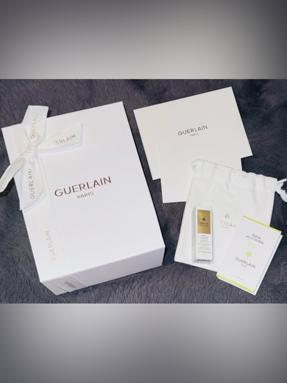 Guerlain 7 Piece Gift Set - Box, Bow, Card Set, Bag & 2 Samples | Brand New